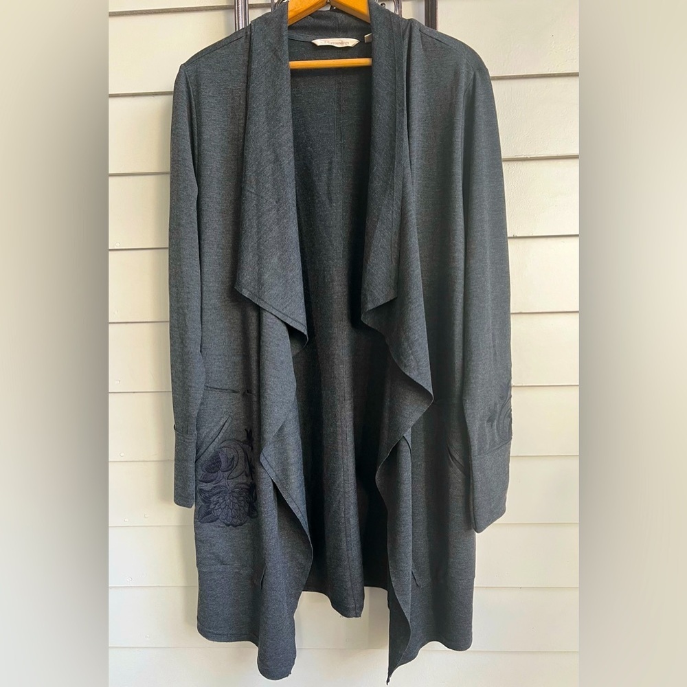 Soft Surroundings Boho L Charcoal Gray Embroidered Oversized Open Cardigan